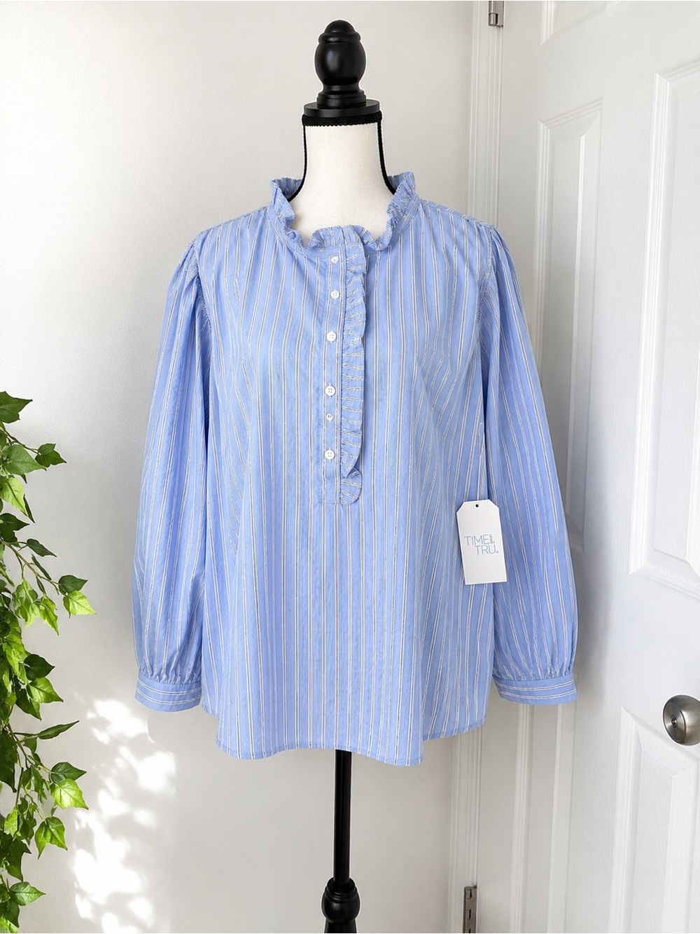 NWT Time and Tru 100% Cotton Blue Striped Ruffle Blouse XXL 20 Long Sleeve Top